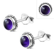6pairs, Amethyst Round Stud Silver Earrings - e369